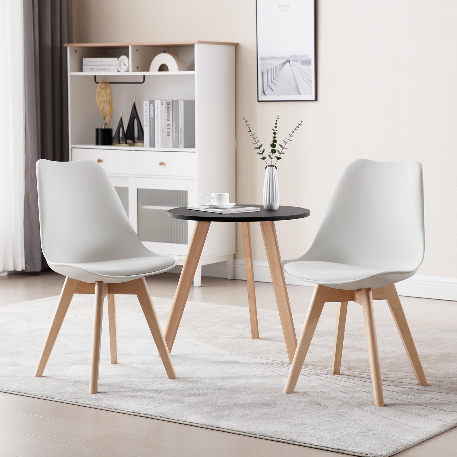 WOLTU Lot de 2 Chaises de Salle à Manger avec Siège Rembourré, Chaise de Salon Scandinave sur Pieds en Bois Massif, Blanc, BH29ws-2