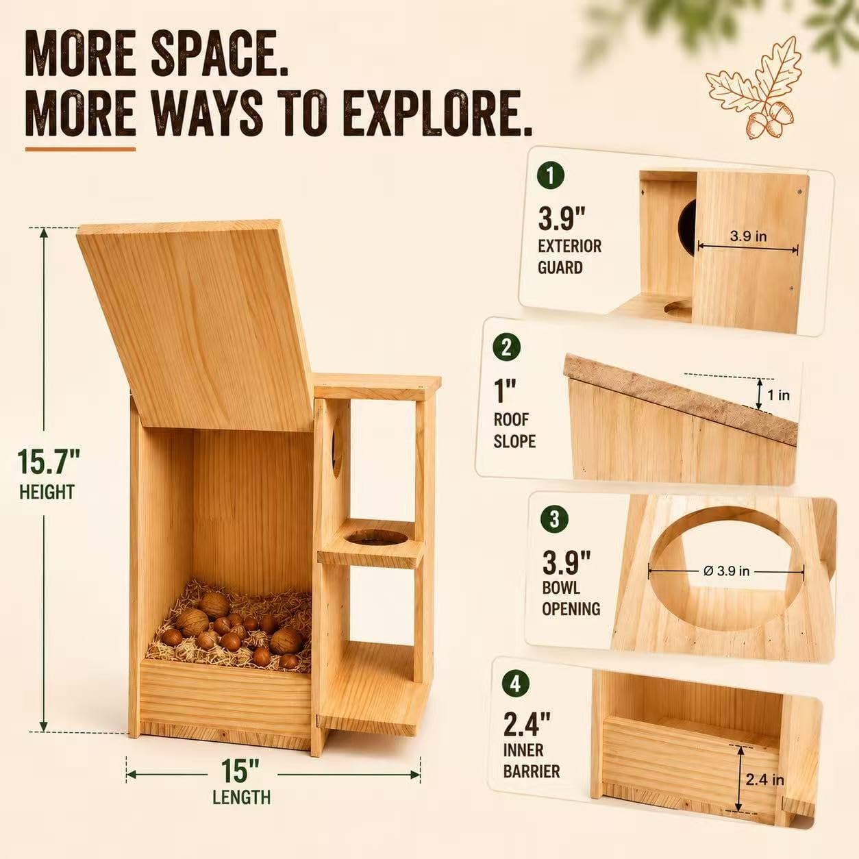 Großes Eichhörnchenhaus aus Holz, Futterstation mit zwei Eingängen und Plattformen zum Nisten