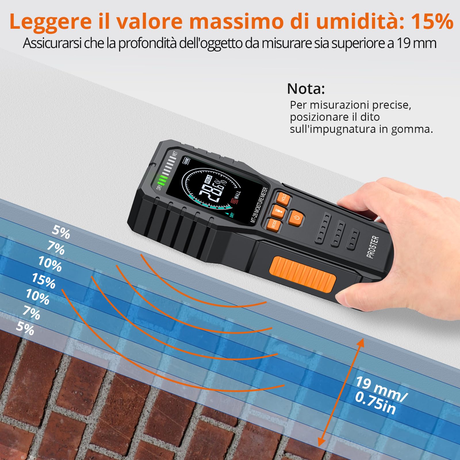 Proster Igrometro Legno Induttivo 19mm Misuratore di Umidità del Legno senza Pin con Allarme Profondità di Rilevamento 19mm Rilevatore Umidità per Cartongesso Muro Legno con Custodia Nera