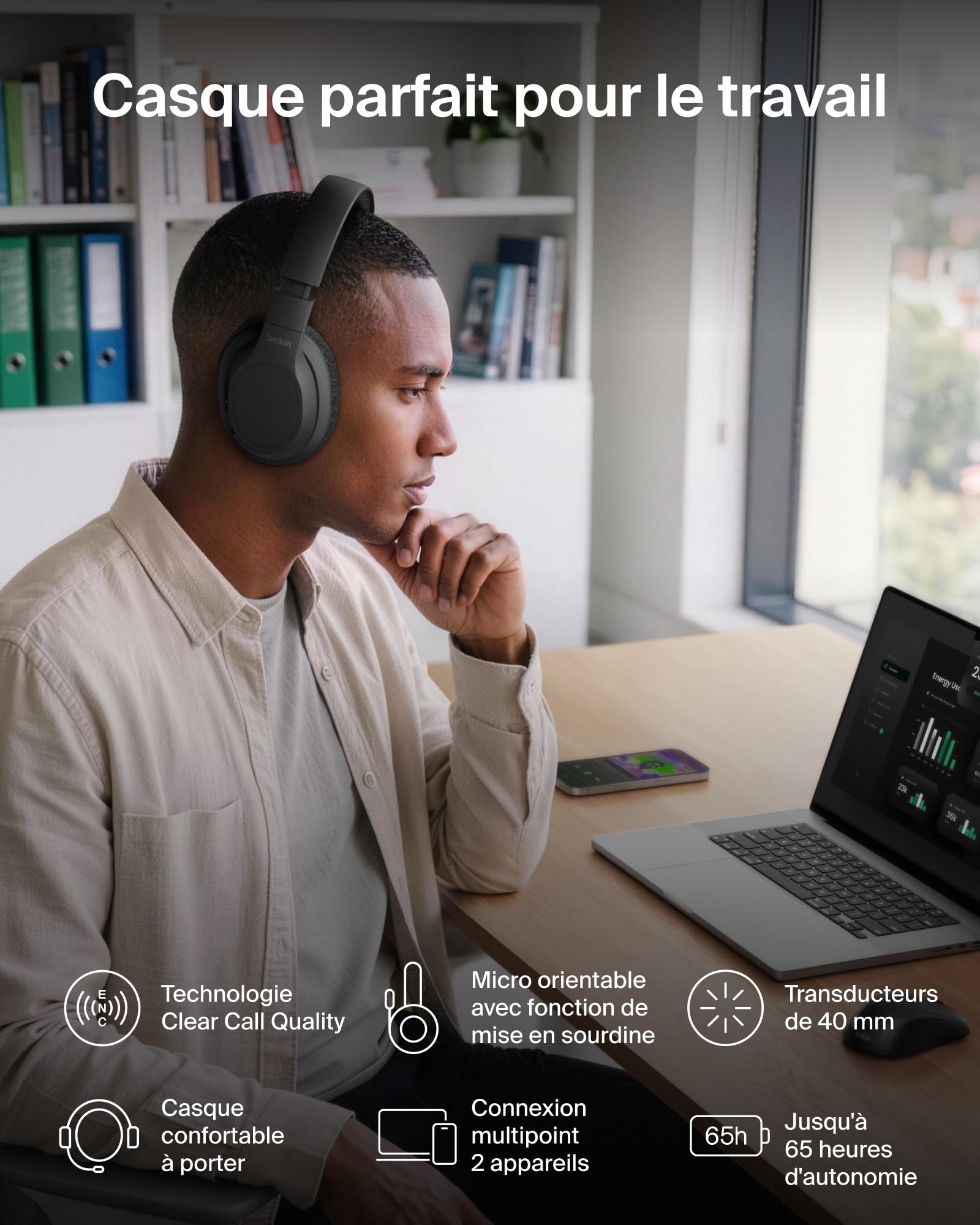 Belkin SoundForm Adapt Casque Audio sans Fil Circum-Aural avec Micro - Noir | Bluetooth 5.2, Micro Orientable Intégré, Connexion Multipoint, ENC, Autonomie de 65h, Recharge rapide
