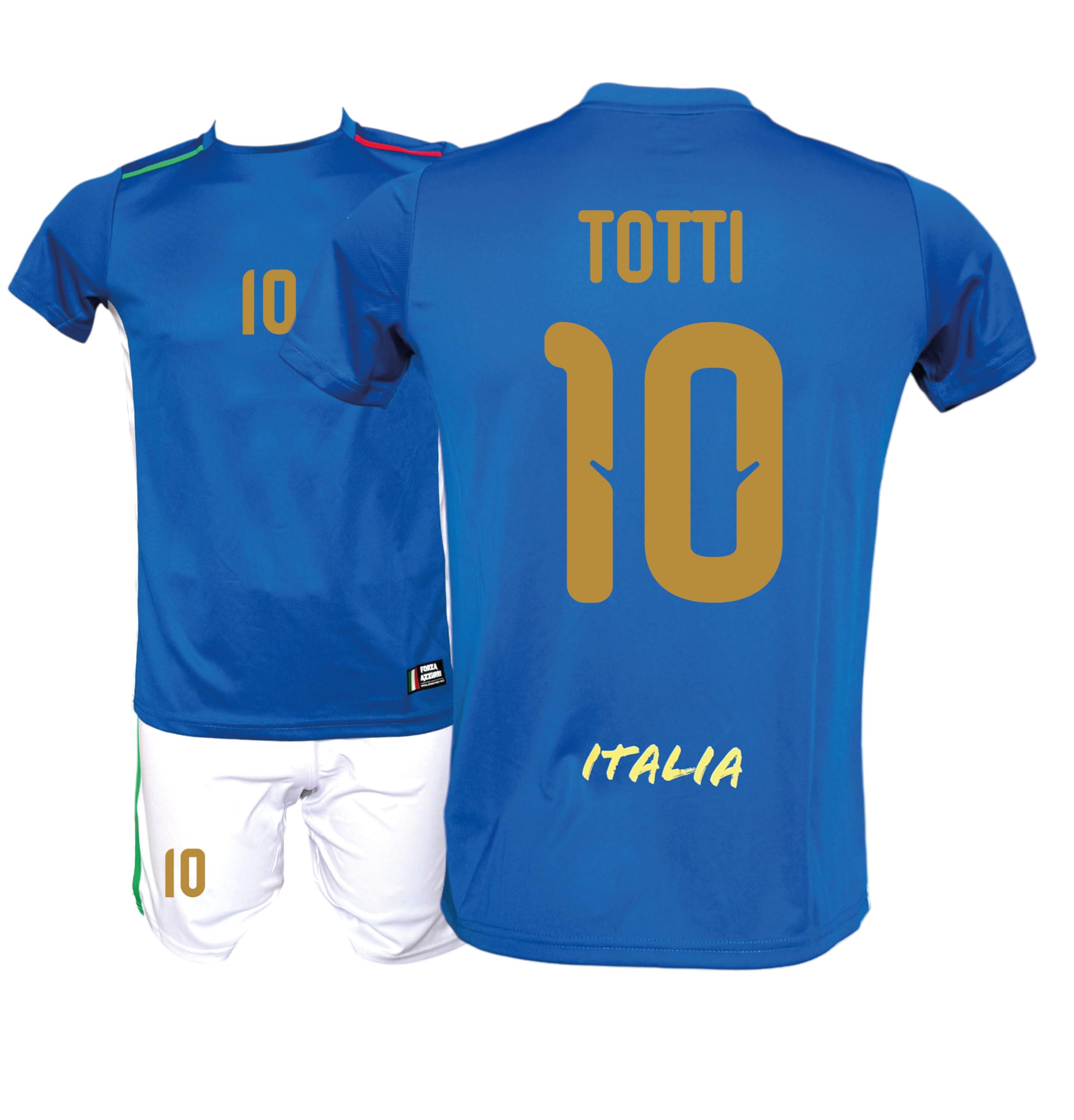 Generico Kit Maglia Italia Calcio Totti 10 e Pantaloncino, Blu con Stampe in Oro, Replica Maglietta Nazionale Italiana, Taglie da Bambino