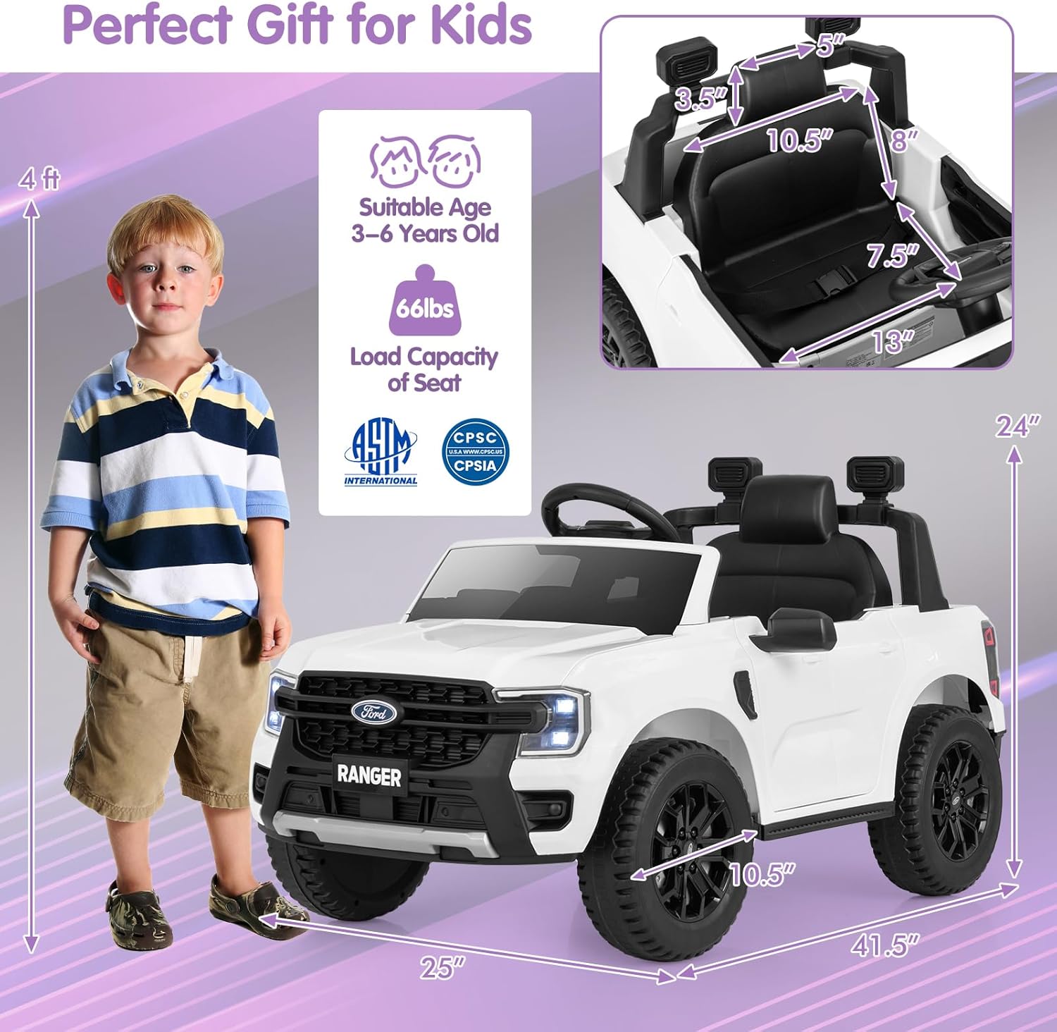 Costzon Licensed Ford Ranger Kids Car, 12V Kids' Electric Vehicles w/Remote Control, Storage Basket, USB/Music/Story/Wireless, Light & Power Display, Soft Start Ride on Car, Gift for Aged 3-6 (White)