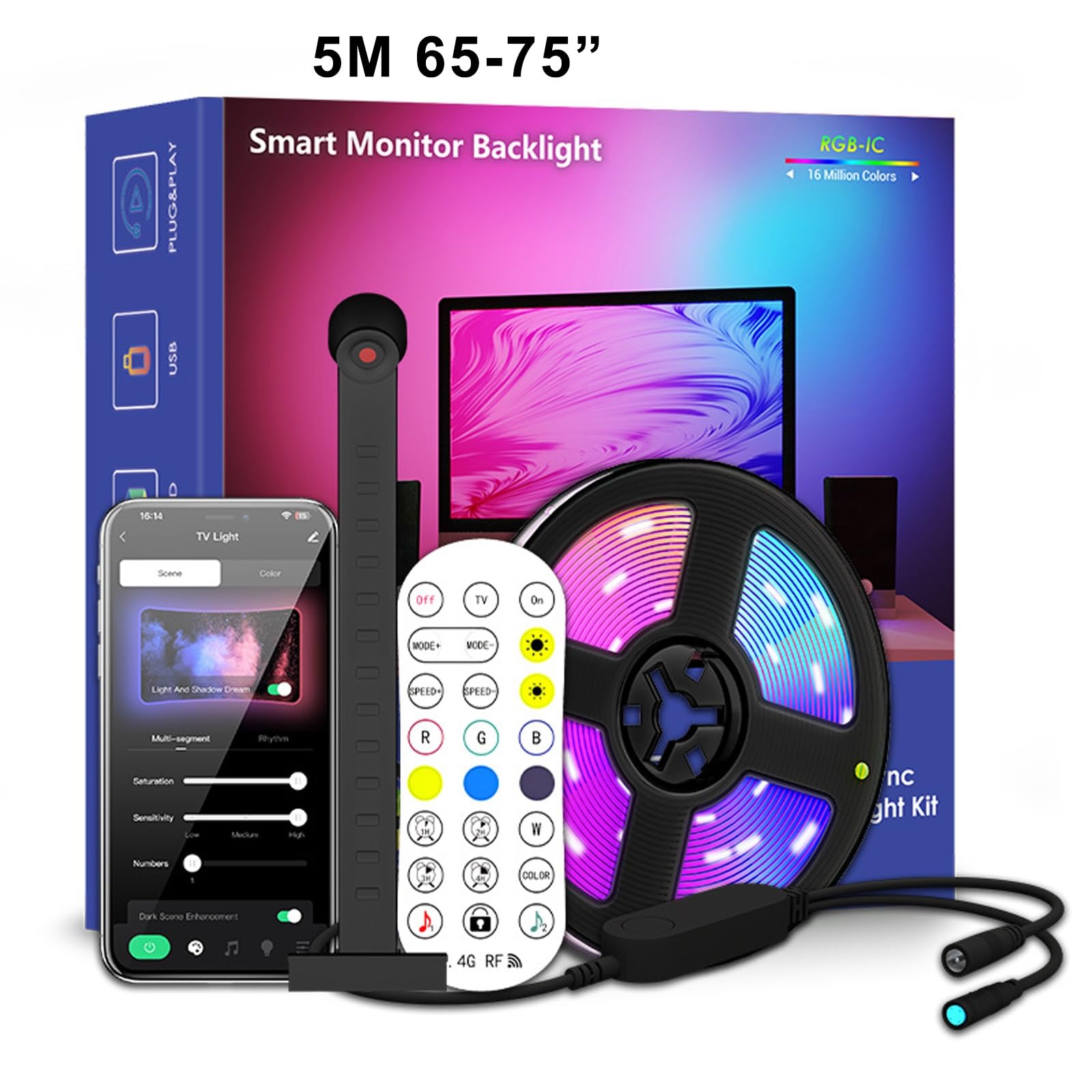 Luce LED Intelligente per TV, Retroilluminazione TV A Colori Fai da Te con Effetto RGBIC per Lo Schermo TV 4 Luci Sincronizzate con Il Ritmo Adatto per La Decorazione dello Sfondo TV