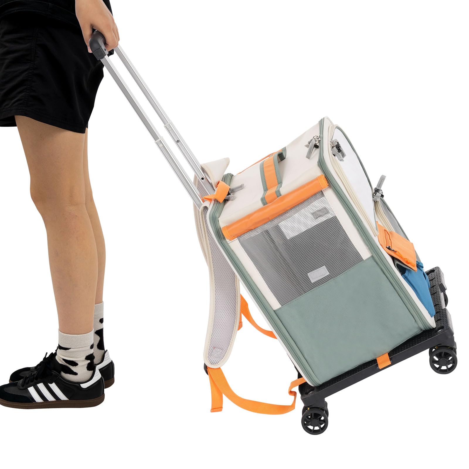 45L Rollende Transportbox 37×27×42cm mit Rollen & Teleskopstiel, Haustiertrolley 47-91cm Verstellbarer, Tiertransporter bis 12,5kg Katze / 5kg Hund