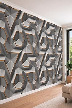 3D Görünümlü Gri Metalik Panel ve Bakır Detaylı Geometrik Tek Parça Tekstil Duvar Kağıdı, 100 x 100