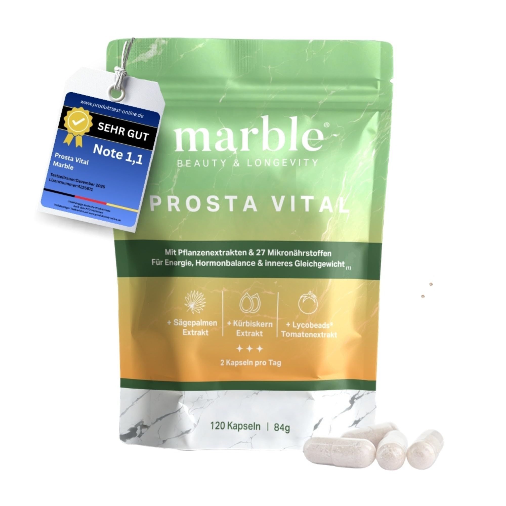 marble® Prosta Vital – Prostata Komplex Kapseln - 120 Kapseln vegan - Zink für den Erhalt normaler Testosteronspiegel + Sägepalmenextrakt, Kürbiskernextrakt, Lycopin & Ashwagandha KSM-66