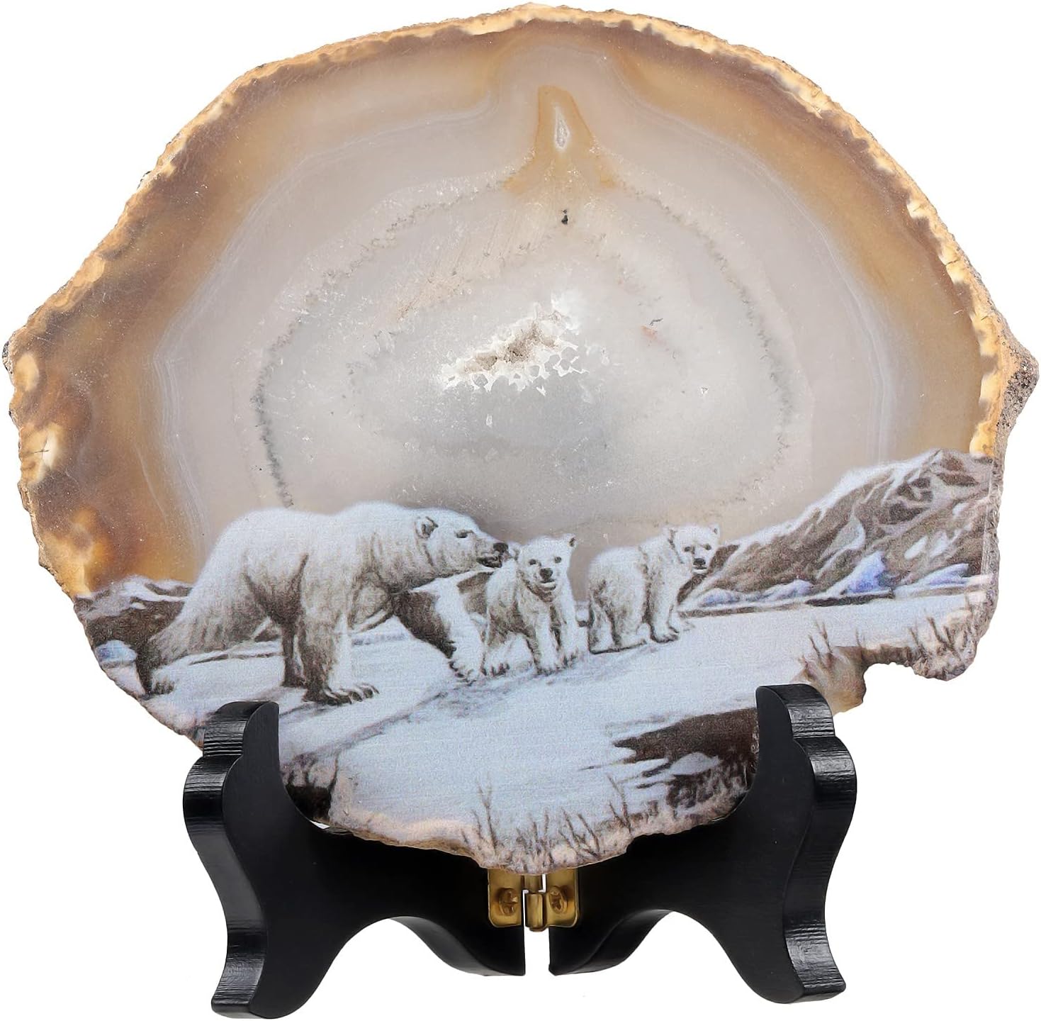 SUNYIK Natural Geode Agate Slice Display with Wooden Stand, Irregular Agate Slab Tabletop Desktop for Office Home Decor, Polar Bear