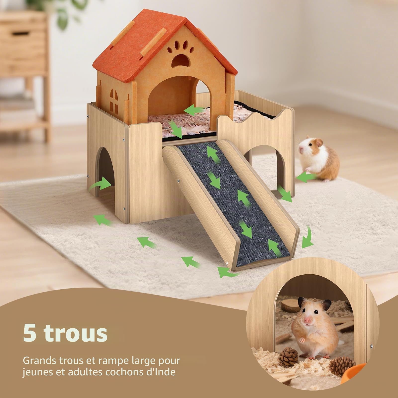 Mittimiya Maison 3-en-1 pour cochons d'Inde avec plate-forme et escalier