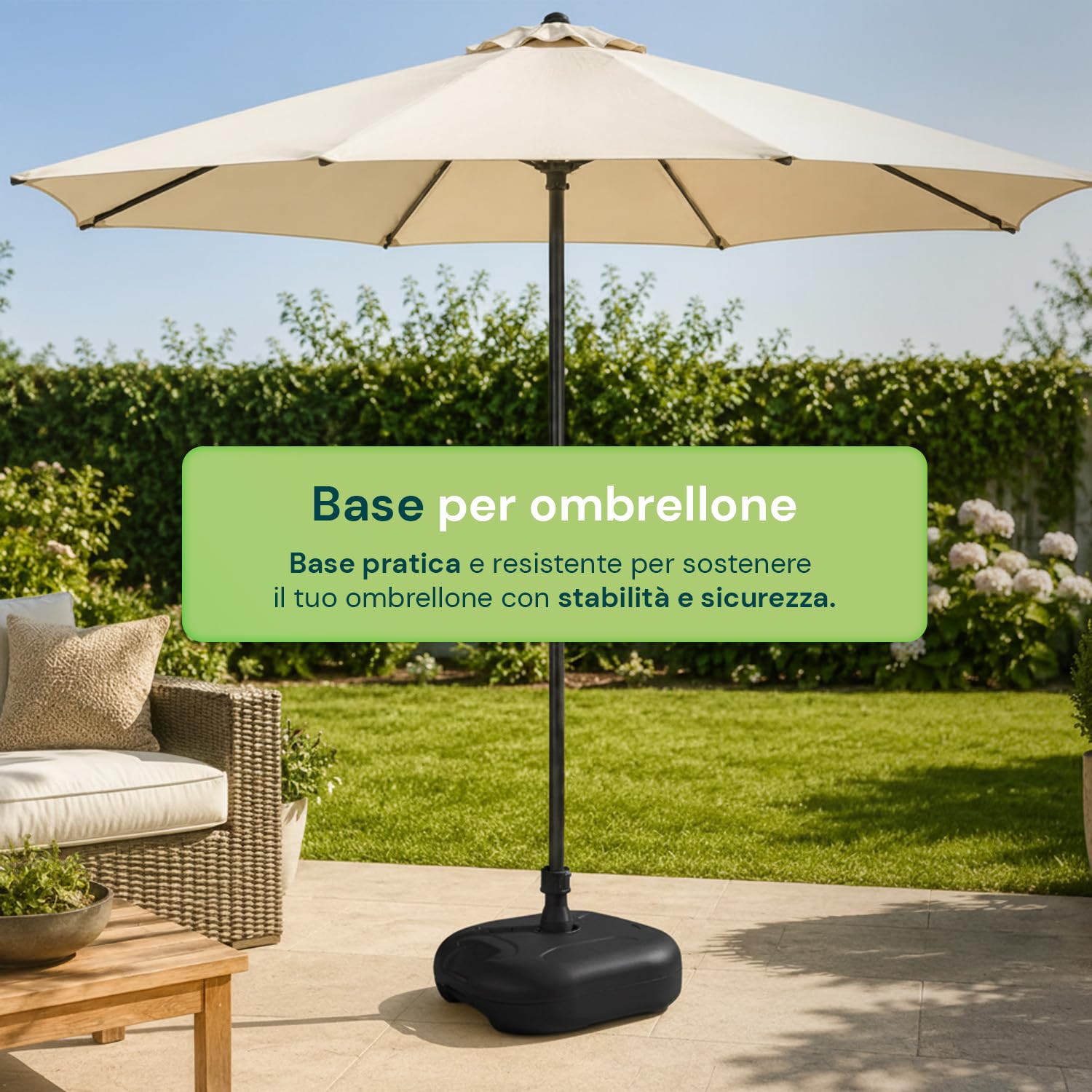 Avilia - Base per Ombrellone Riempibile 20L con Acqua o Sabbia – Supporto Ombrellone da Giardino, Terrazzo, Piscina, Spiaggia – Fusti 22-32 mm, Maniglia Ergonomica - L44xP44xA24 cm