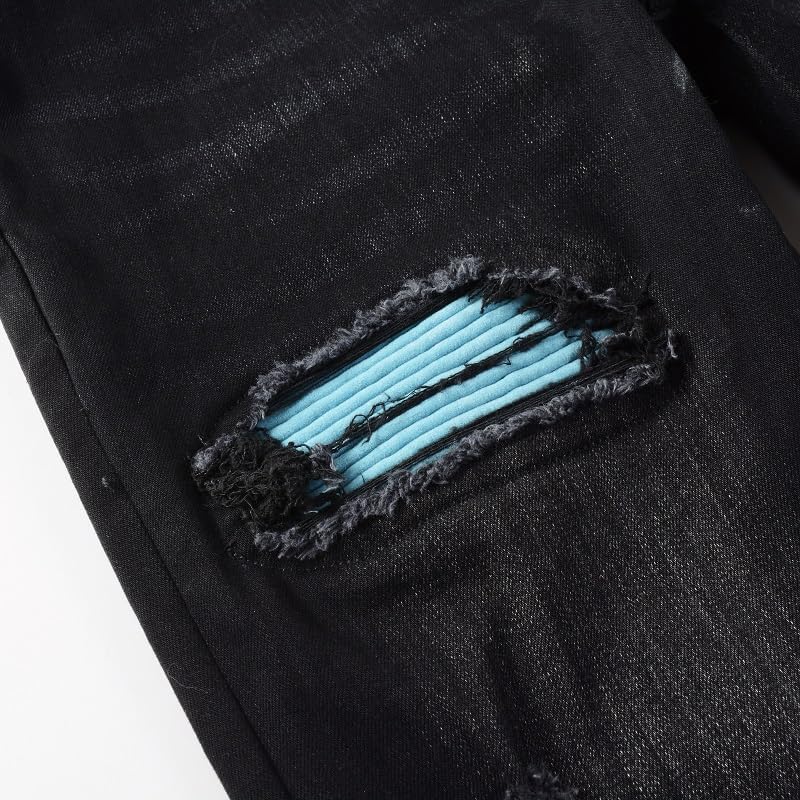Mens Blue Flannel Patchwork Ripped Jeans Skinny Pants Stretch Slim Fit Distressed Trousers