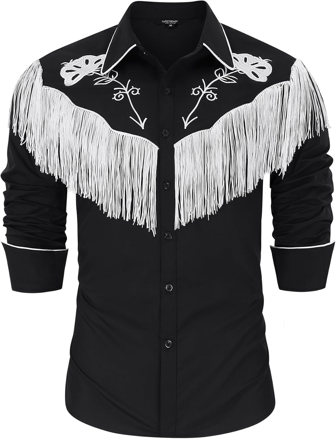 TURETRENDY Men's Western Cowboy Fringe Shirts Long Sleeve Embroidered Slim Fit Casual Button Down Shirts