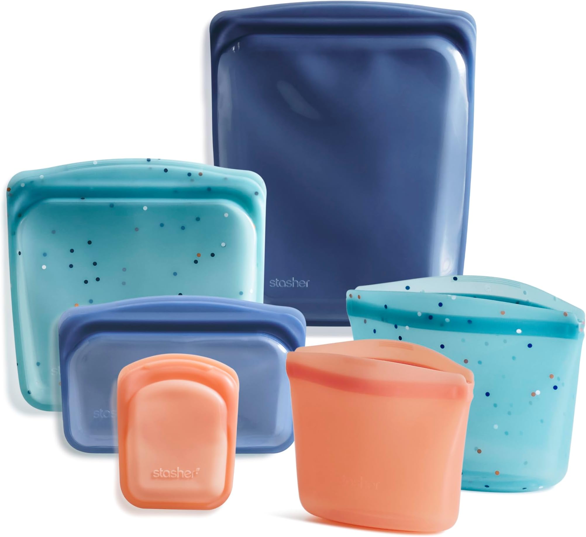 Stasher Premium Silicone Reusable Food Storage Bags, 6-Pack, Starter Kit, Clear Multi-Use Food Storage Bags, Lunch Bag, Travel Containers BPA Free, Leak-free, Dishwasher-Safe, Eco-friendly