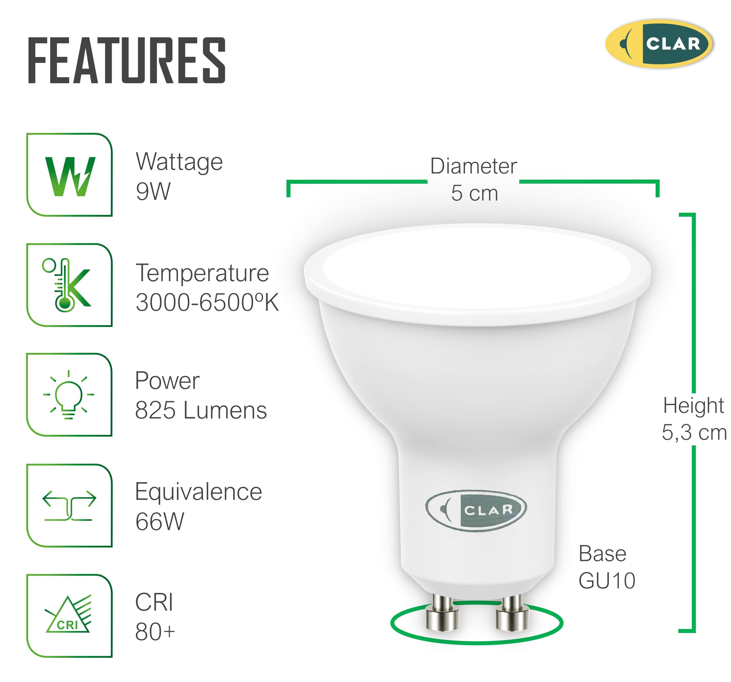 CLAR - GU10 Warm White LED Bulb, GU10 LED Spot Light, Warm White, 9W (Pack of 20), Warm White (3000ºk), 9W GU10 (Pack 20) - Image 2