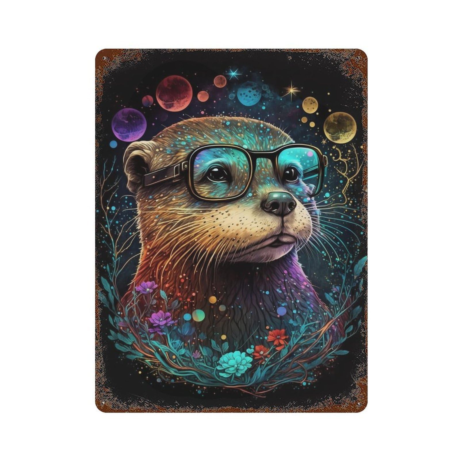 Garage Style Otter Glasses Fantasy Artwork Rusty Metal Tin Sign 15.7"x11.8", Decorative Metal Wall Art for Bar And Workshop