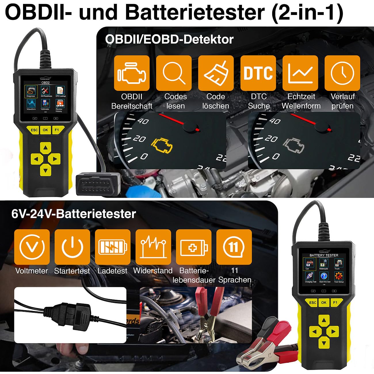 Lescars Diagnosegerät: Professioneller 2in1-OBD2-Scanner und Batterie-Tester, HD-Farbdisplay (OBD Diagnose, OBD2 Diagnosegerät, Auto)