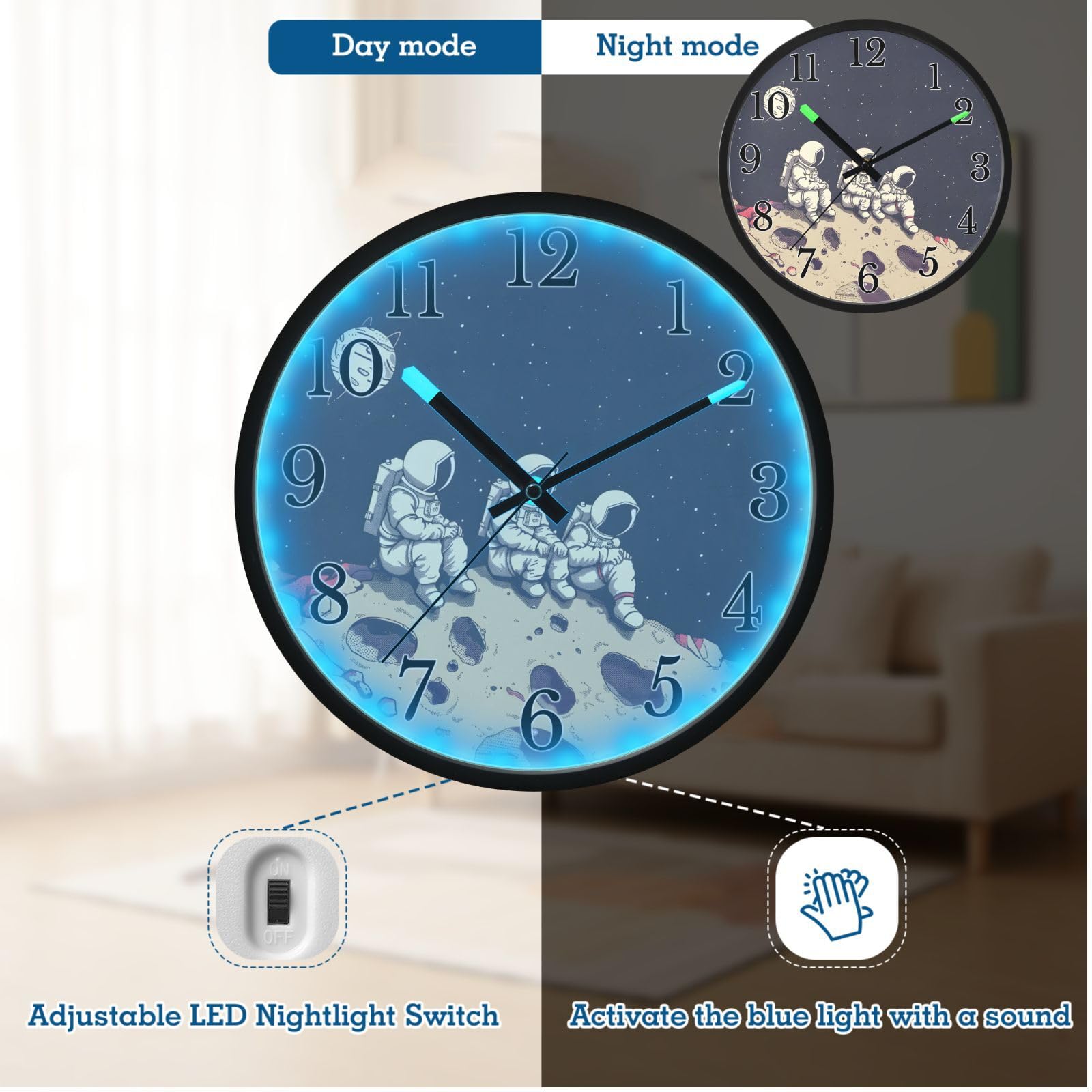 Mnsruu Reloj de pared luminoso con diseño de astronauta vintage y galaxia, funciona con pilas, silencioso, brilla en la oscuridad, para sala de estar, cocina, 12 pulgadas