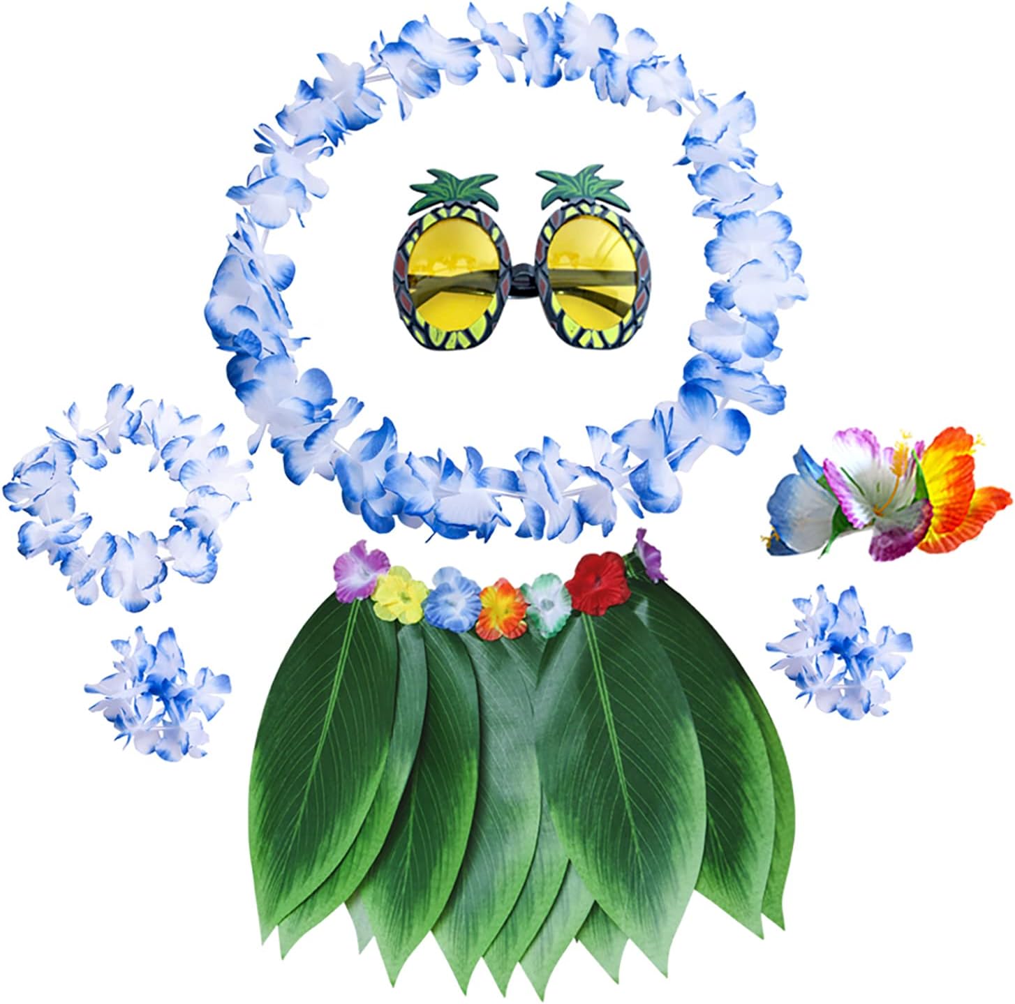 PHOGARY 7 Pack Hawaiian Flower Leaf Hula Skirt Costume Accessory Kit for Hawaii Luau Party