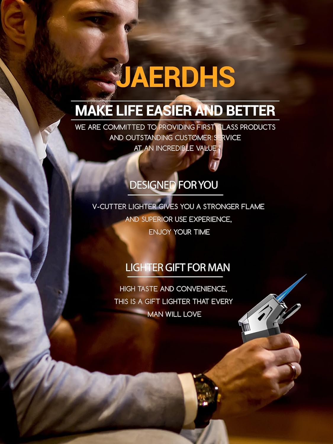 Butane Torch Lighter with V Cutter, Windproof Jet Flame Lighter Torch Refill, Adjustable Refillable Butane Lighter Gifts for Men, with Fuel Window, Butane not Include