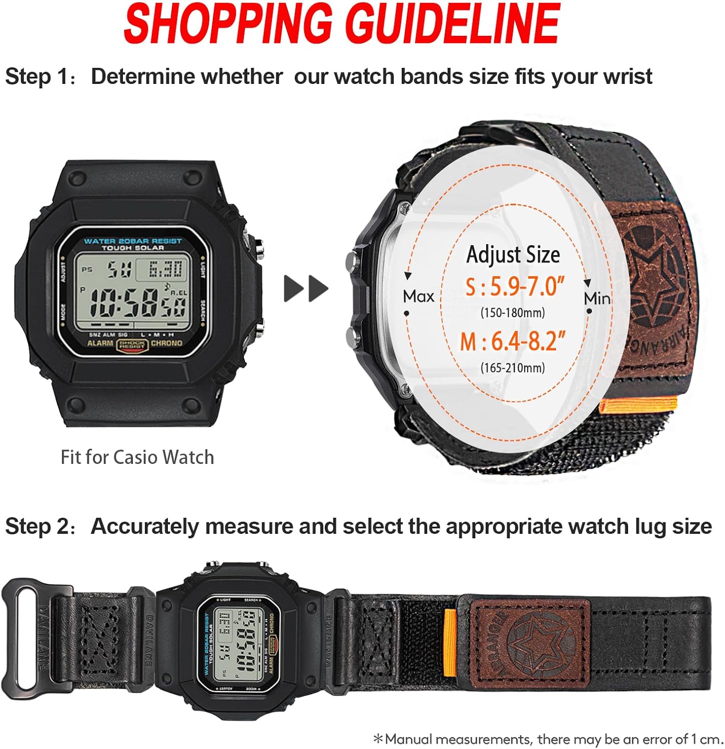 16mm Genuine Leather Watch Band Compatible with G-Shock DW-5600/6900/5700/8900,GW-M5610/6900,GD-100/110/120/350, GA2100/GA-B2100, Adjustable Secure Fit Hook & Loop Sport Watch Strap for Men