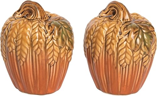 Transpac Juego de salero y pimentero de cerámica de calabaza, decoración de cosecha de otoño naranja de 4.92 pulgadas, accesorios de mesa de estilo