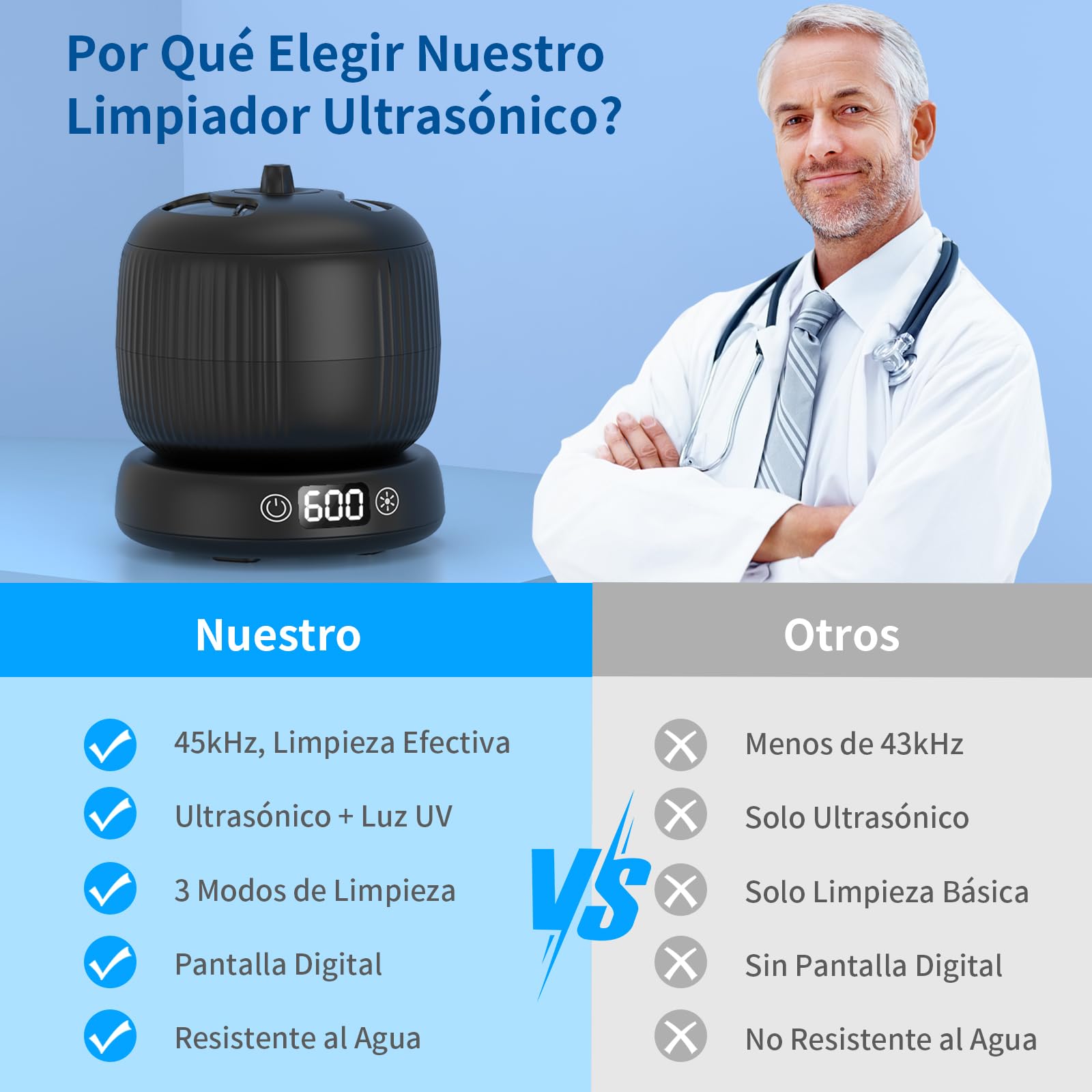 Limpiador Ultrasónico UV de 45 kHz, 25W Ultrasonidos Limpieza de 3 Modos, Profunda 360°, Máquina limpiadora Ultrasónica Portátil de 190ml para, Dentaduras, Alineador, Joyas (negro)