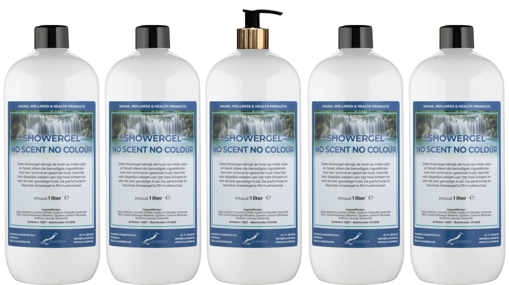 Duschgel No Scent No Colour 5 x 1 Liter mit goldener Pumpe | 1 Liter Inhalt, Goldene Pumpe