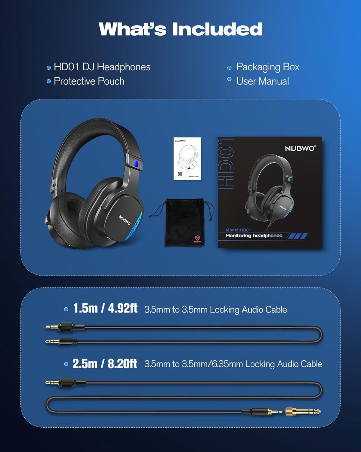 NUBWO Studio Headphones Wired, Hi-Res Over Ear Headphones with 3.5/6.35mm Detachable Jack, 180° Flip Earpads, 45mm Drivers Professional Monitor Headsets for Mixing, DJ, Recording, Guitar, Piano-HD01