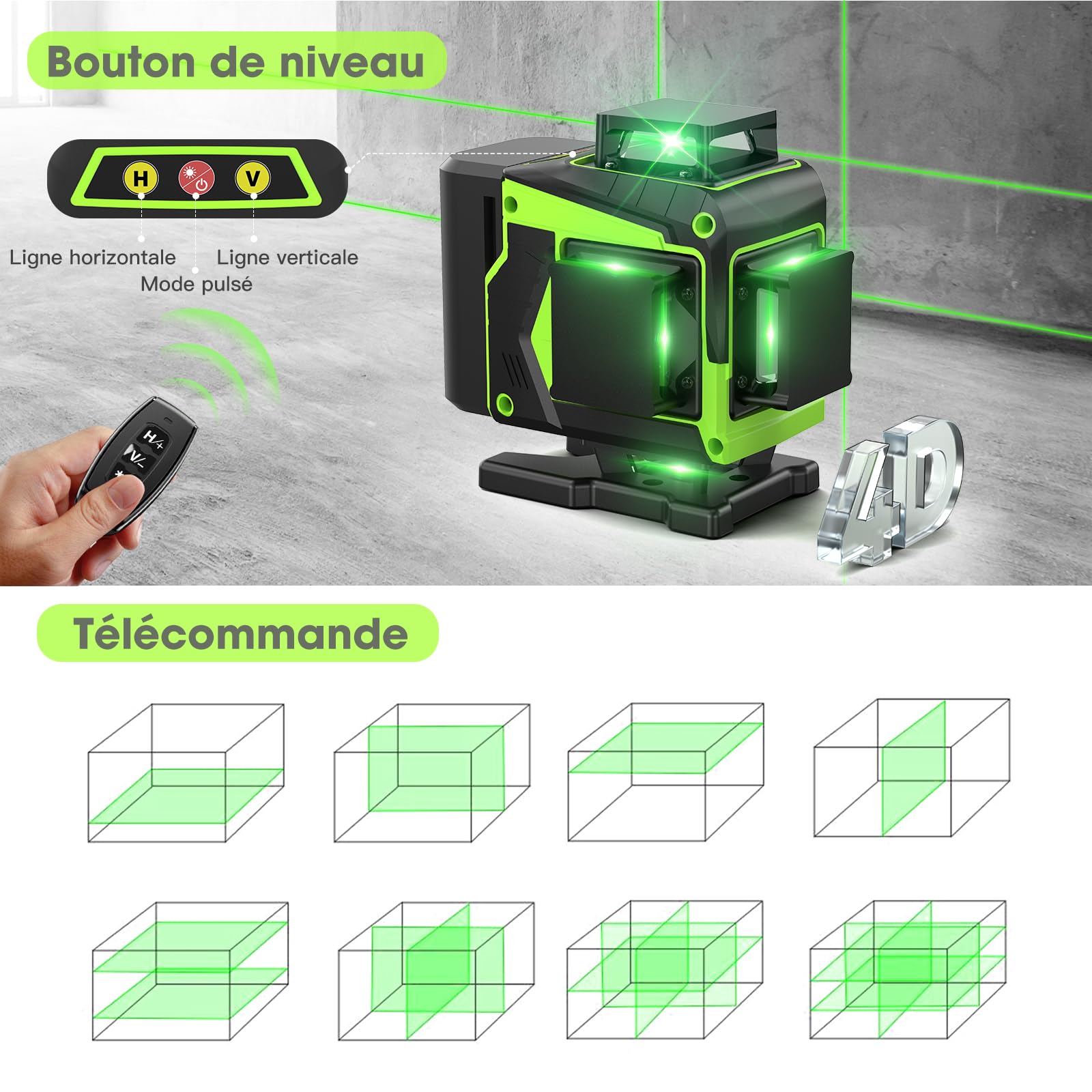 Niveau Laser Chantier Autonivelant 360° x 4, Laser Niveaux 4D 16 Lignes Laser, Autonivellement et Mode Pulsé Extérieur, 2 x Batterie, Nivellement Automatique, Support Rotatif, Télécommande