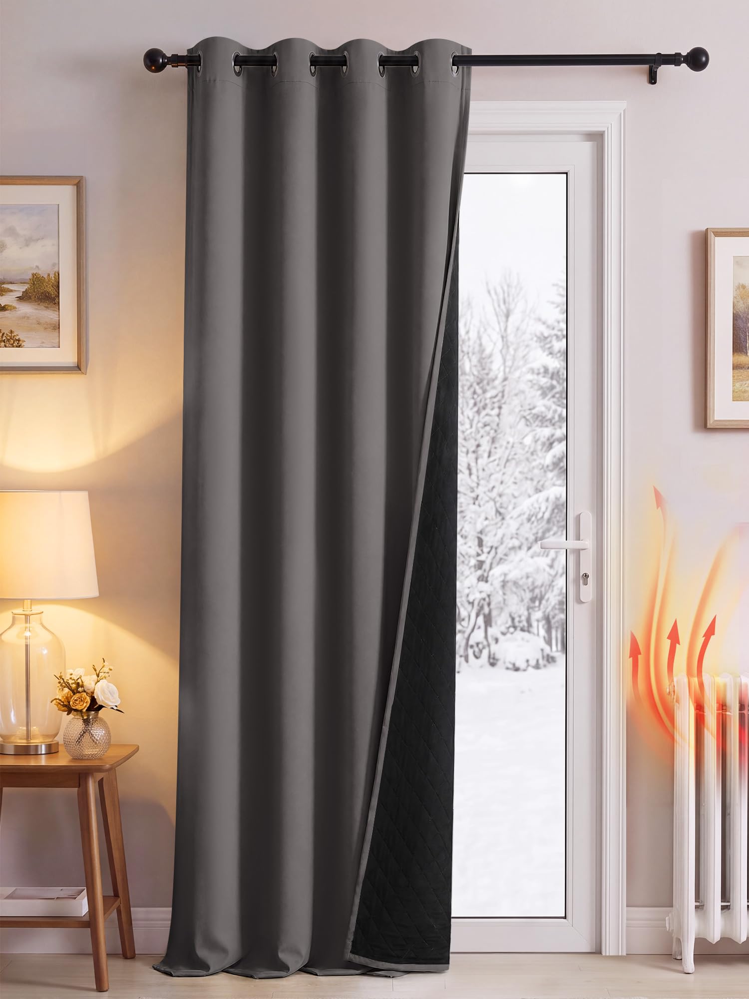 PONY DANCE Thermal Door Curtain with Quilted Black Lining, Grey, 52x108