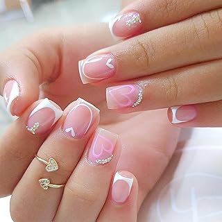 Künstliche Nägel Zum Aufkleben Kurz Squared - 24 Stück Nude Pink French Press on Nails Mit Love Design Strasssteinen, Natürlich Glänzend Full Cover Fingernägel - Quadratische Fake Näils für DIY Frauen