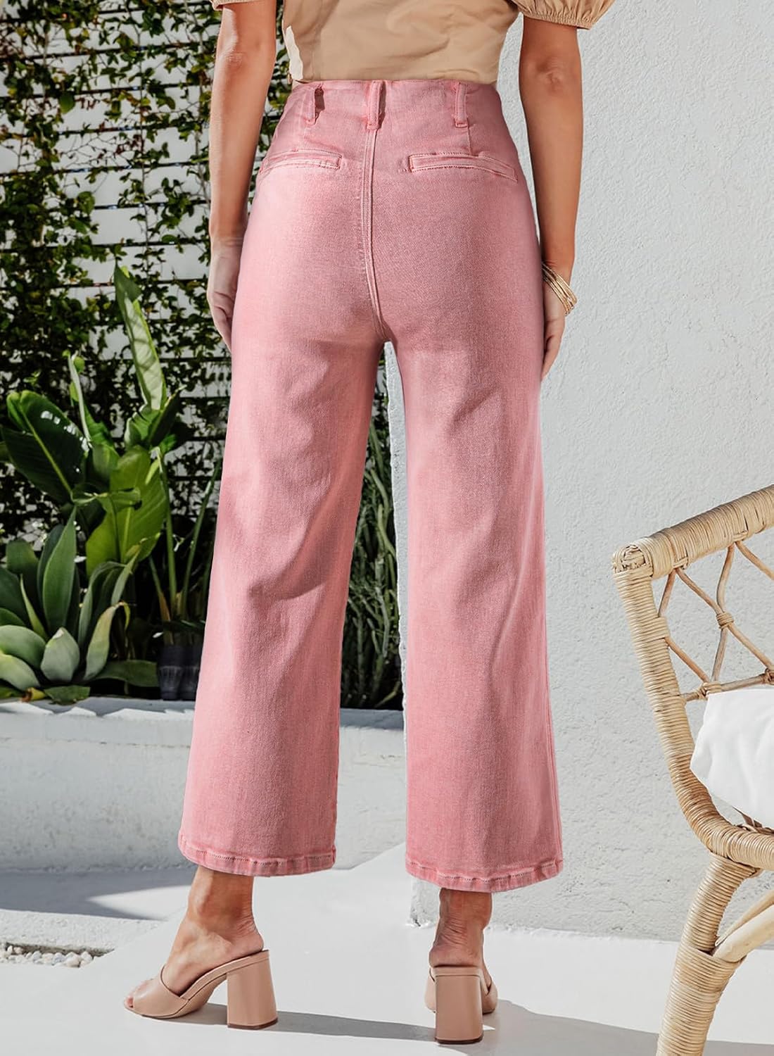 Sidefeel Women's Wide Leg Jeans High Waisted Straight Leg Jeans Buttoned Loose Stretchy Denim Pants with Pocket Peach Blossom Size 16 Short - Image 3