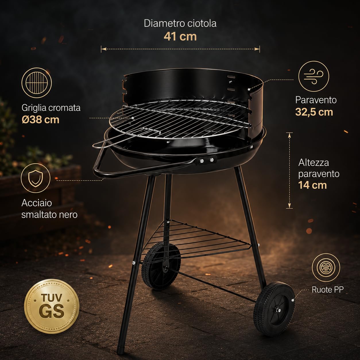 BBQ Barbecue a Carbone 58x40x40cm | Griglia Rotonda Giardino Balcone Terrazza | Acciaio Smaltato Nero, Griglia Cromata Ø38cm, Ruote, Ripiano | Certificato TUV GS | Carbonella Weber Compatibile
