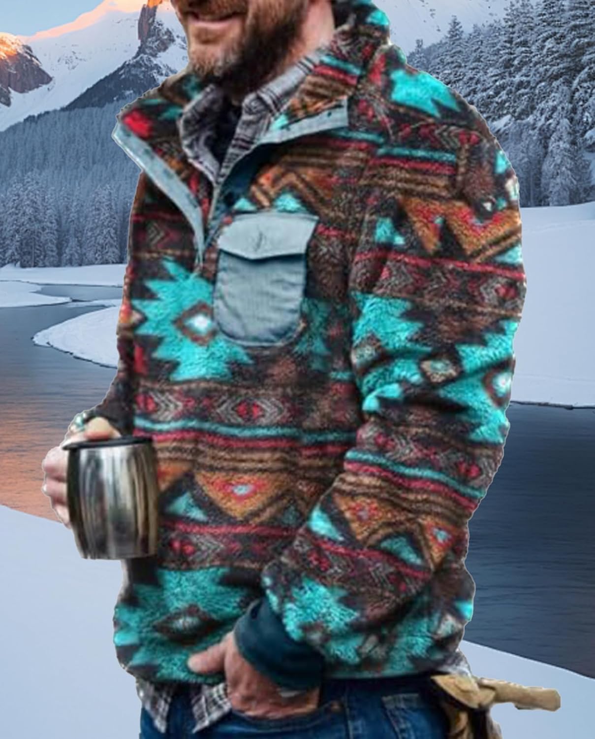 Western Sweatshirts for Men Aztec Fleece Pullover Sweatshirts Mens Vintage Print Fuzzy Sweatshirt - Image 5