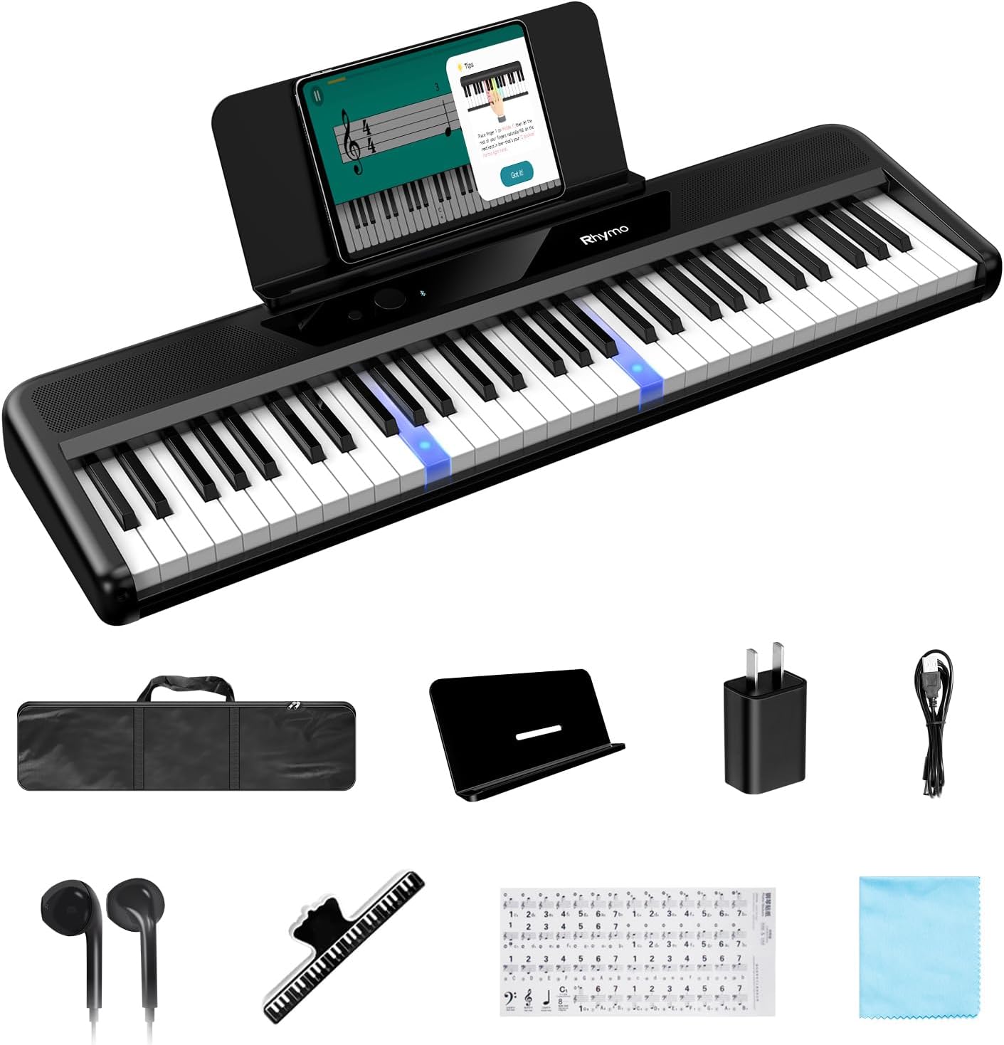 Rhymo 61 Keys Smart Keyboard, Lighted Up Keys Electric Piano Keyboard, Learning Keyboards Piano for Beginners with 29 Demo Songs, 128 Tones, 128 Rhythms, Built-in LED Lights & Apps, Speakers