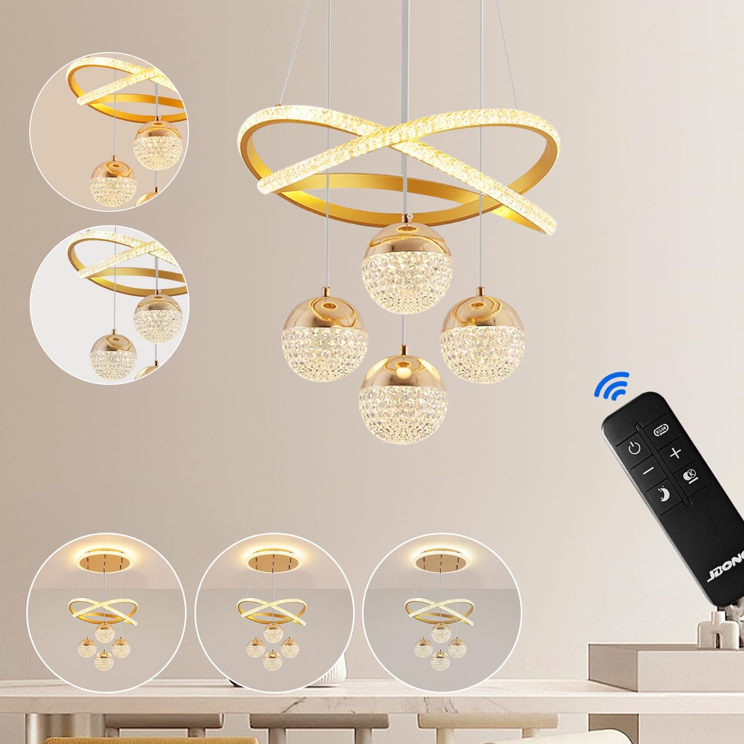 JDONG LED Pendelleuchte Kristall Hängelampe Esstisch 54W LED Hängeleuchte Gold Höhenverstellbar für Esszimmer Wohnzimmer,Dimmbar Hängeleuchte Aluminium mit Fernbedienung