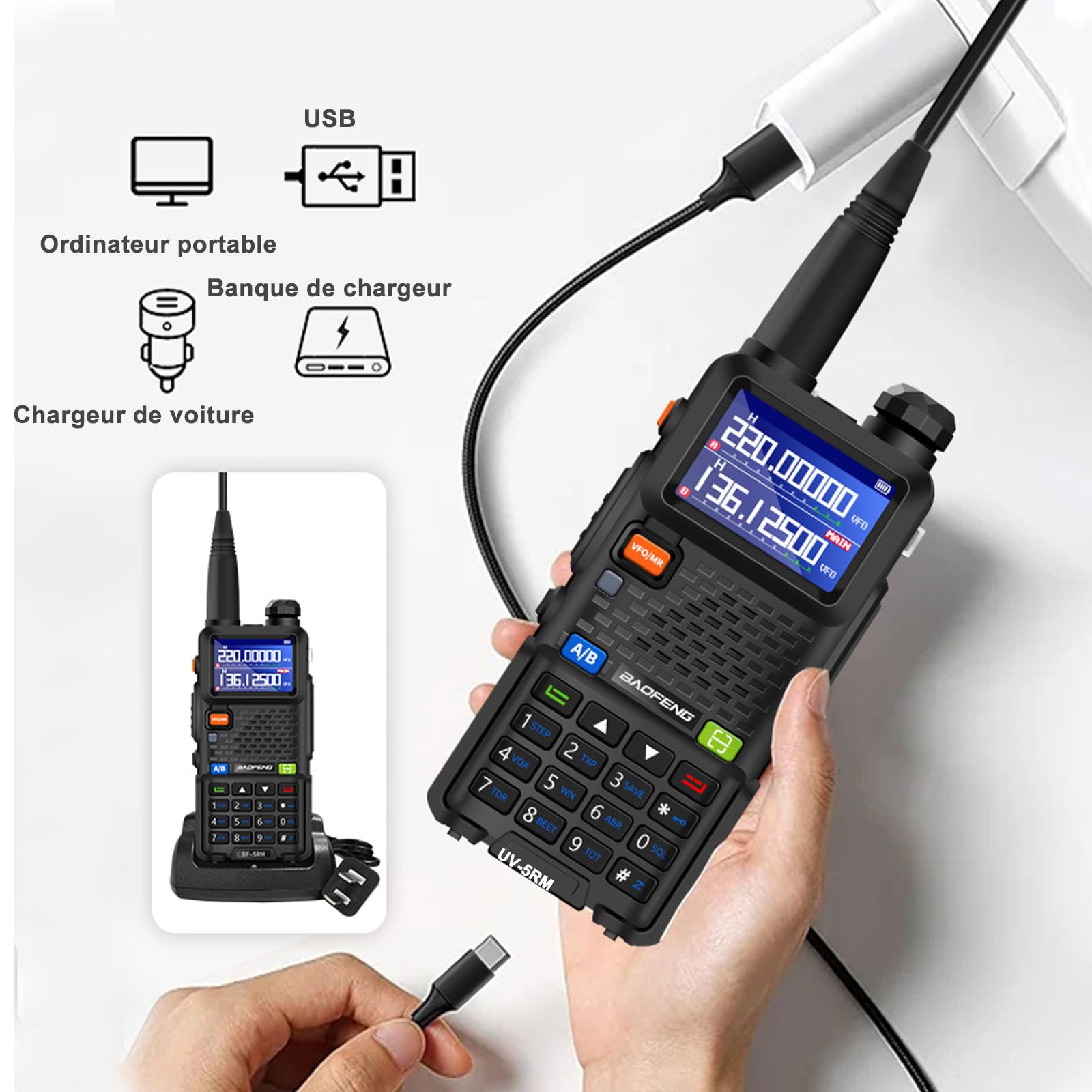 BAOFENG UV-5RM Walkie Talkie Multi-Band Long Range Handheld Transceiver NOAA USB-C Charging Upgrade of UV-5R Wireless Air Band 1.77in LCD Screen with Programming Cable