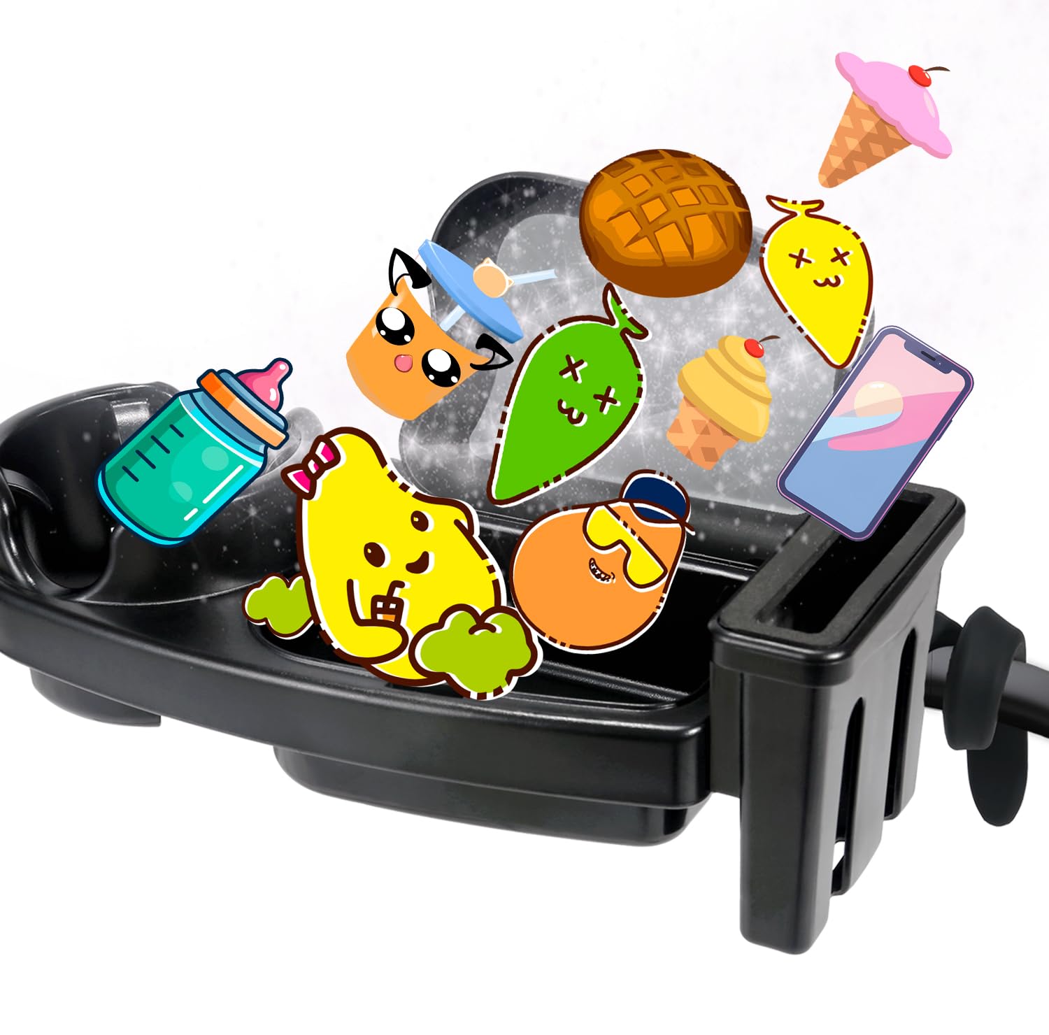 Universal Stroller Snack Tray, 3 in 1 |Stroller Cup Holder| Phone Holder |Snack Trays with Dust Cover | Silicone Arms Grip Bumper Bar Stays in Place Suitable for All Stroller Accessories
