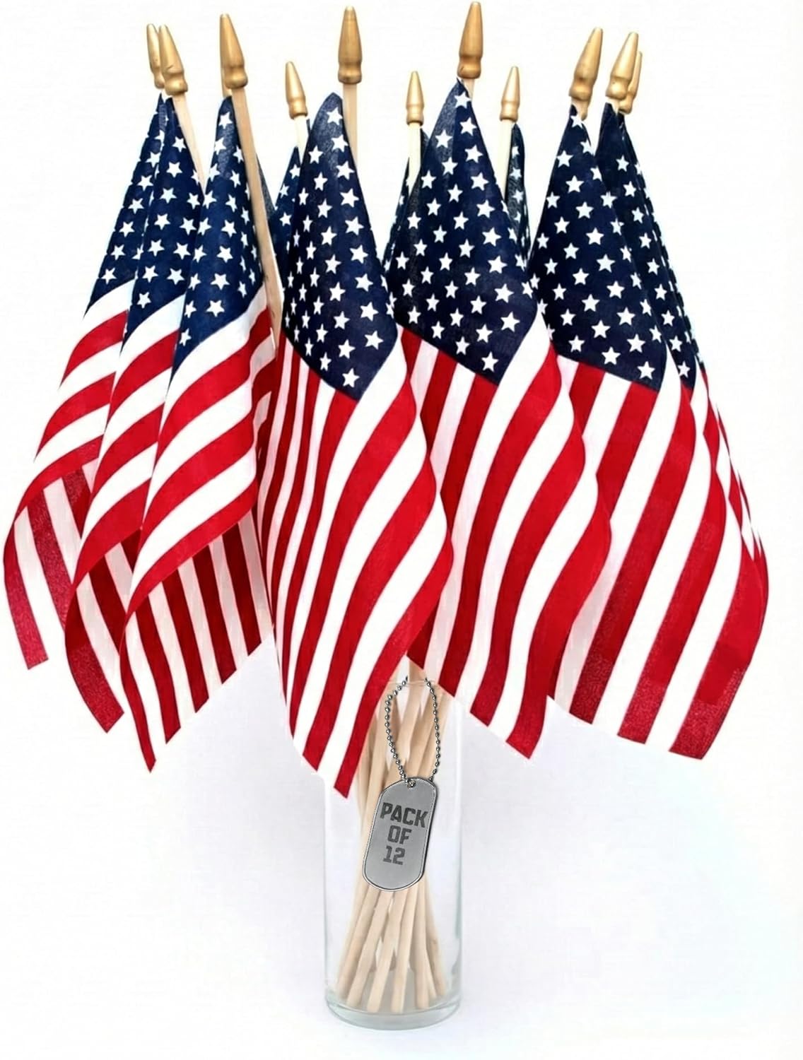 Super Tough Small American Stick Flags 8’’x12’’ | Cotton Outdoor Flag on Wooden Stick with Speartip | Mini Flags Patriotic Decor for Various Holiday Parties and National Flag Day | 12 Pack