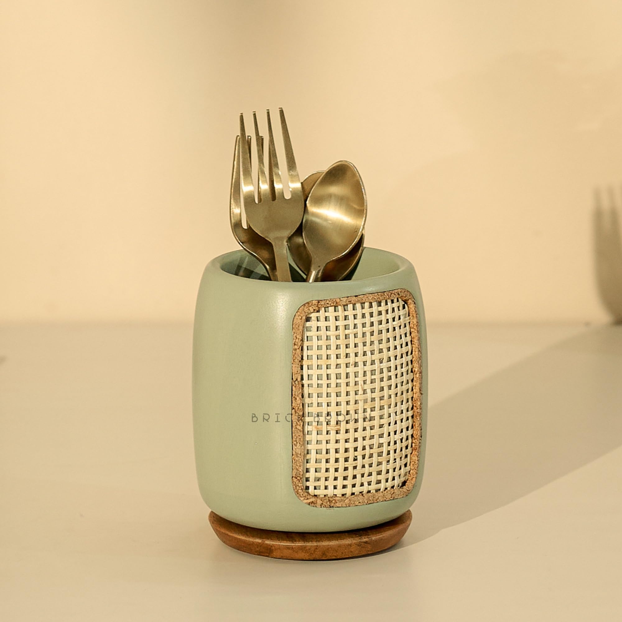 Brick Brown® Premium Wooden Jali 360° Rotating Functionality Cutlery Holder Spoon Stand for Kitchen & Dining Table | Handcrafted Cutlery Stand & Spoon Stand | Spoon Holder Caddy with 1 Section