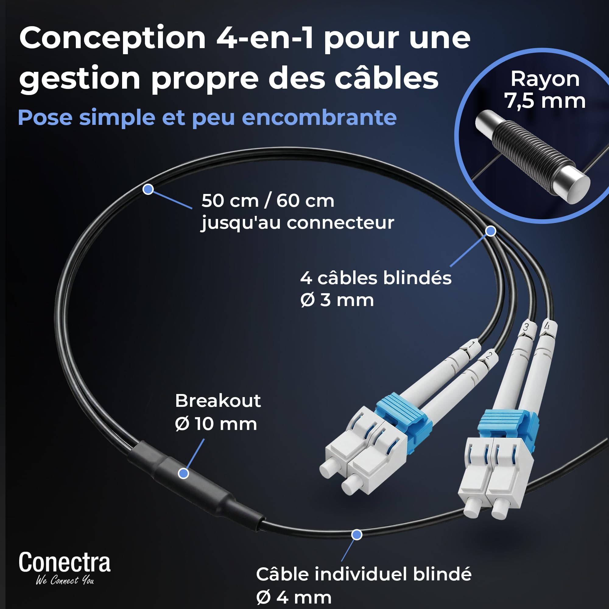 40m Câble Fibre Optique Blindé 4 Brins OS2 LC/UPC ⌀4mm | Monomode 9/125µm G.657.A2, Jarretière Rallonge Cordon, Breakout sans Épissures, Intérieur/Extérieur, Noire, LSZH