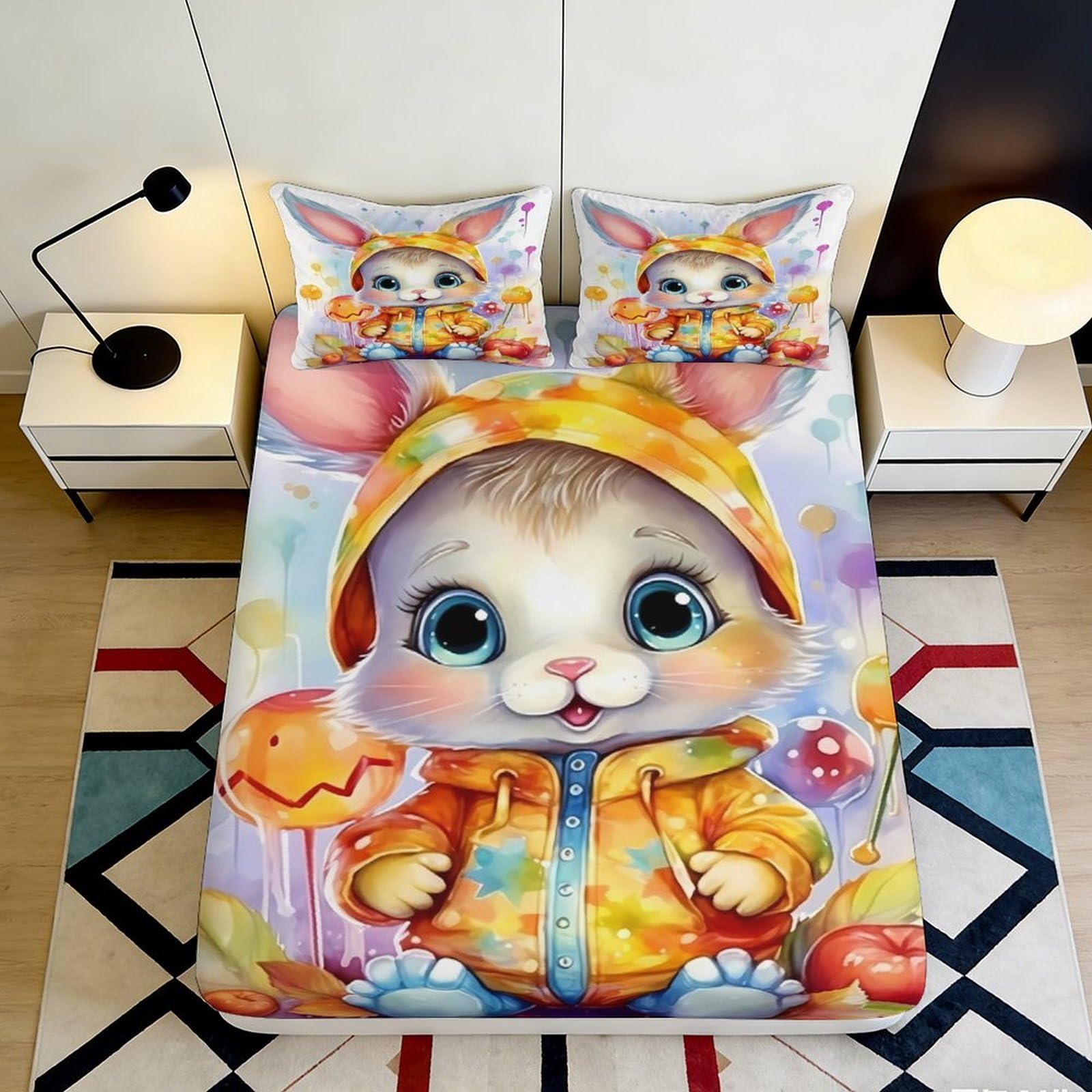 3D Printed Cartoon Cat Fitted Sheet Microfiber Non-Slip Full Wrap Bedroom Bedding Cartoon Cat Mattress Fitted Cover Deep Pocket Washable 140x200x25cm