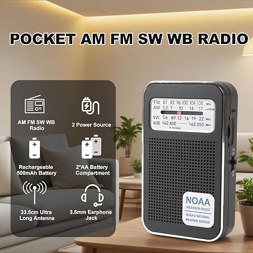 Miniatura 2 de Radio de bolsillo AM FM SW WB de 4 bandas con batería recargable, radios de transistor portátiles a pilas, radio de emergencia meteorológica NOAA,