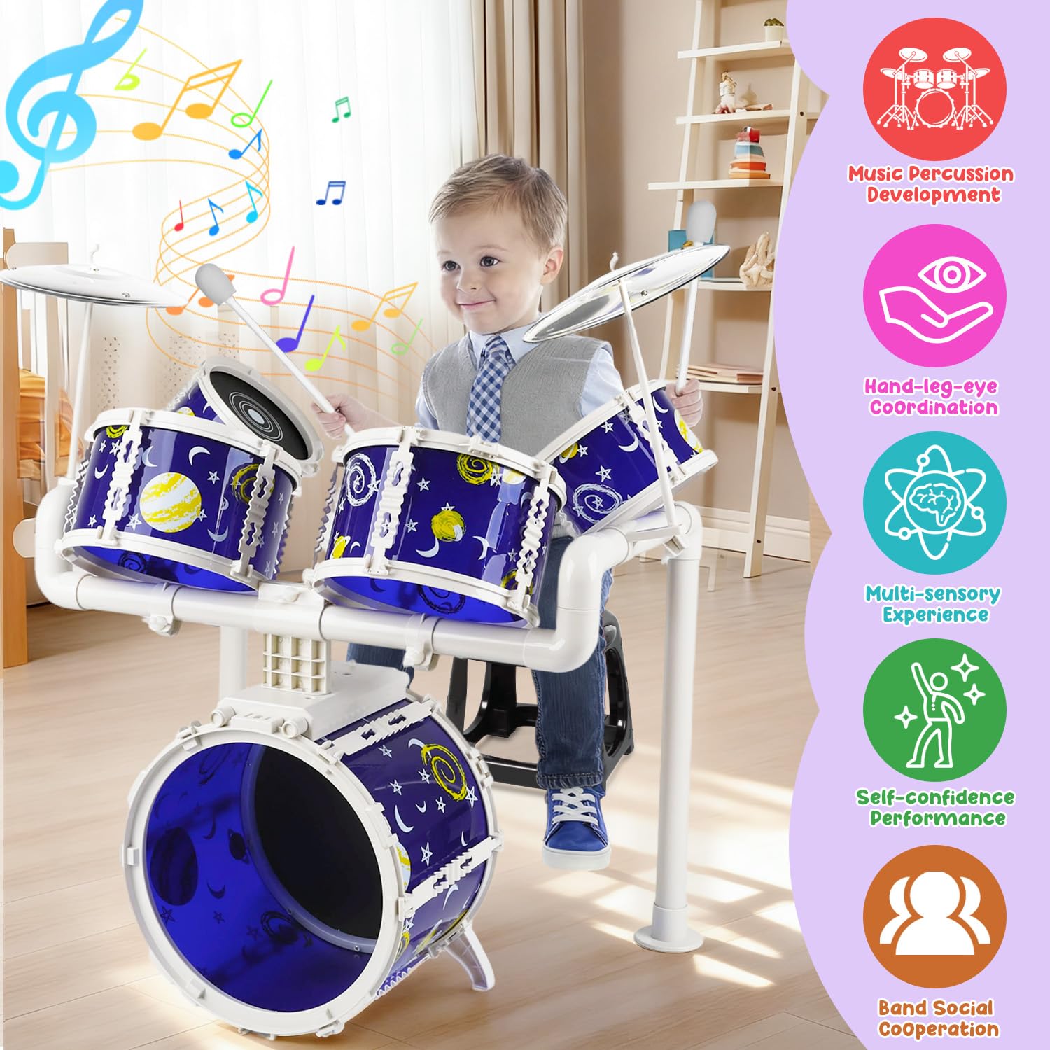 Kinder Drumstel voor Kinderen Set van 5 Trommels Inclusief Kruk Muziekinstrument Jazz Rock Cadeau Vanaf 3 jaar