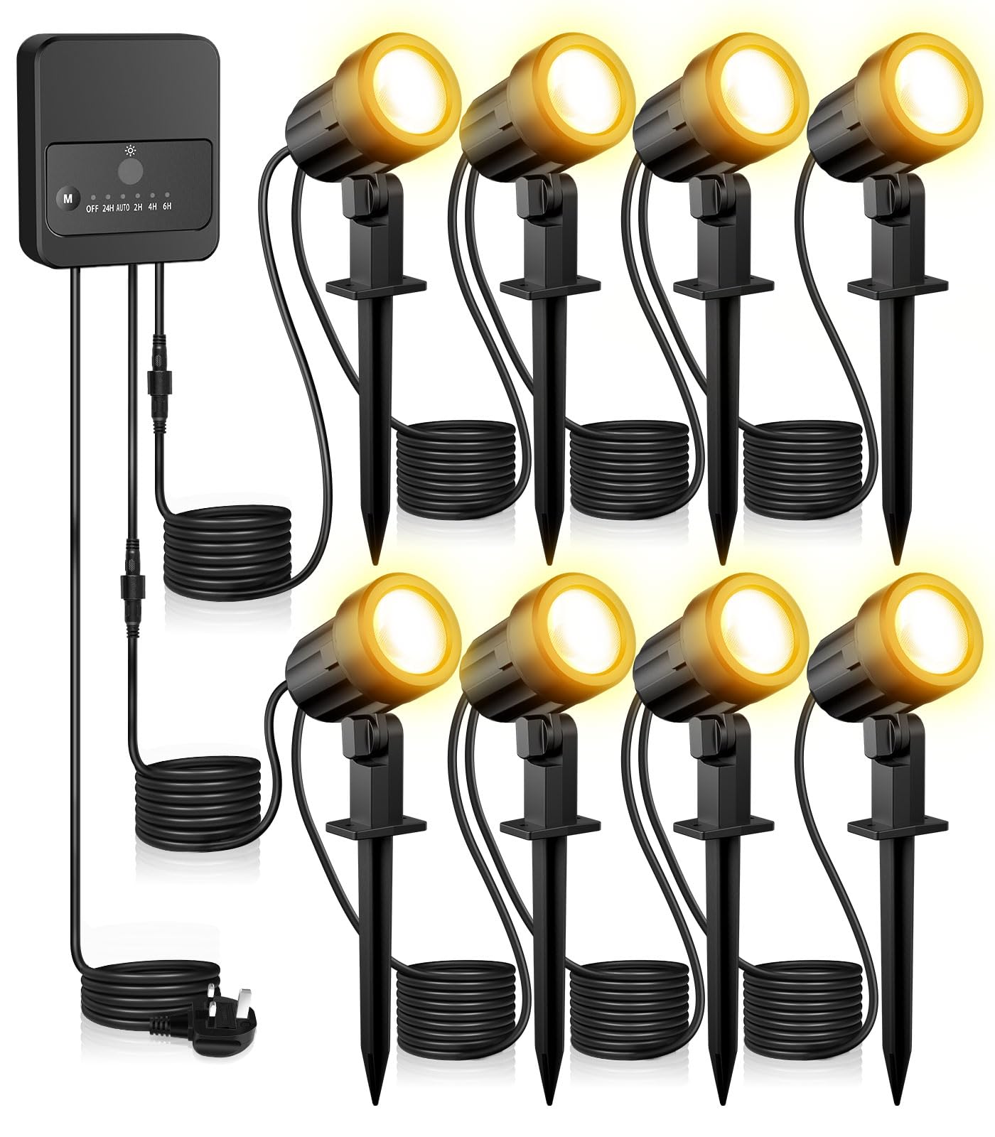 MEIHUA Garden Spotlights Mains Powered, 23m 8-in-1 Outdoor Garden Lights Warm White LED Landscape Lights IP66 Waterproof Decorative Pathway Spike Light for Yard Lawn Patio Tree with UK Plug