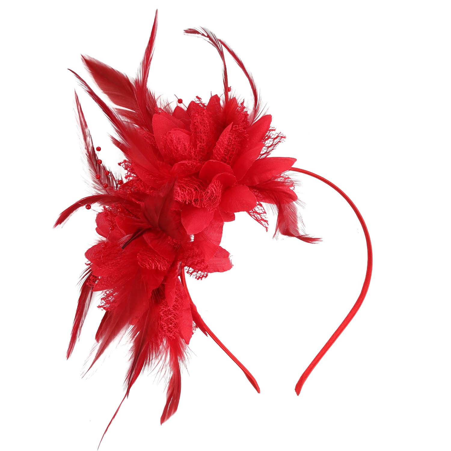 Feather Headband Women Flower Fascinators Artificial Flower Feathered Headpiece Rose Red Roaring 1920s Feather Headwear for Cocktail Carnival Masquerade Tea Party(Red) - Image 2