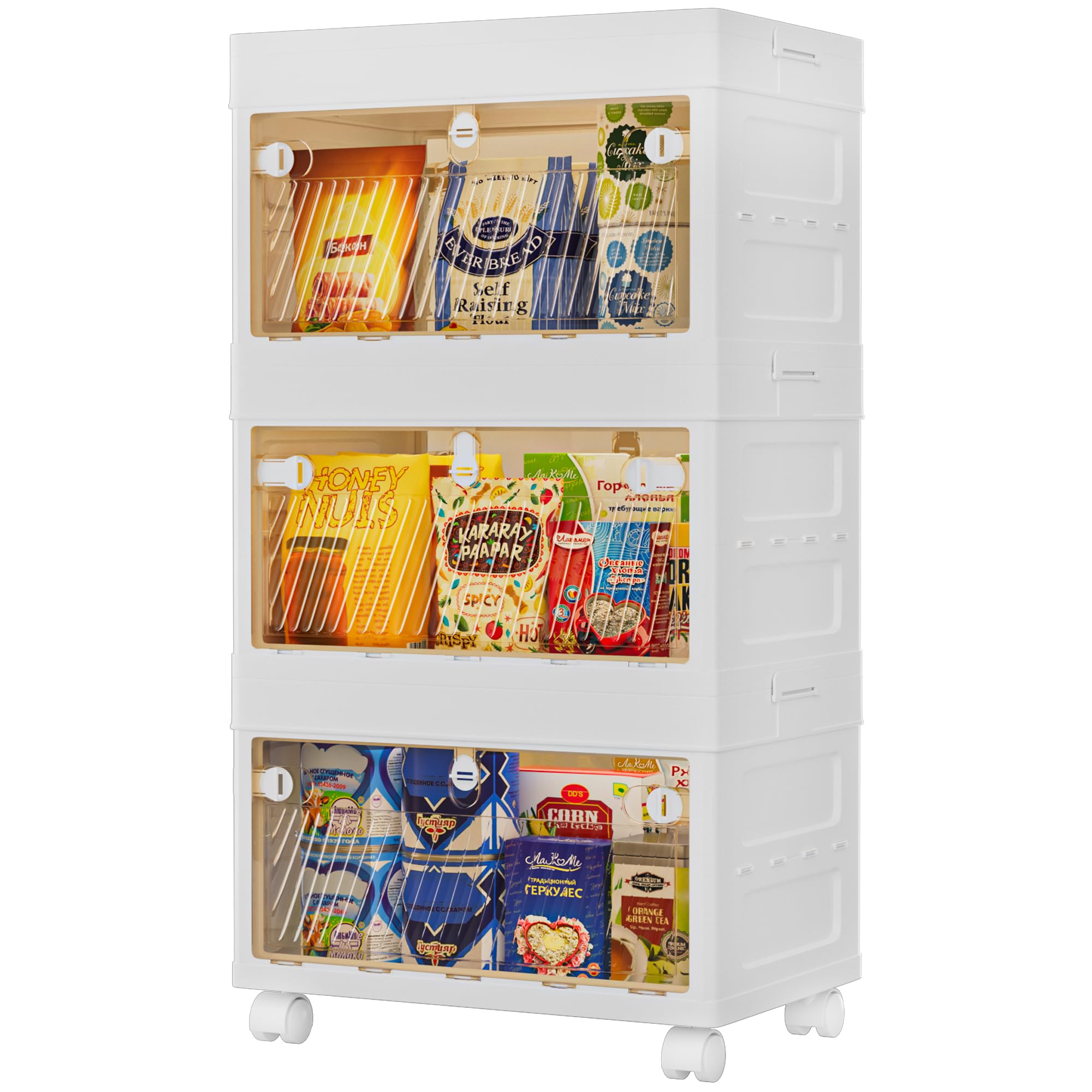 Plastic Storage Drawer Cart 228Qt 3 Pack Stackable Storage Bins with Clear Drawer Home Organization Storage Container Foldable Storage Box with Wheels for Bedroom, Closet, Office (76Qt x 3)