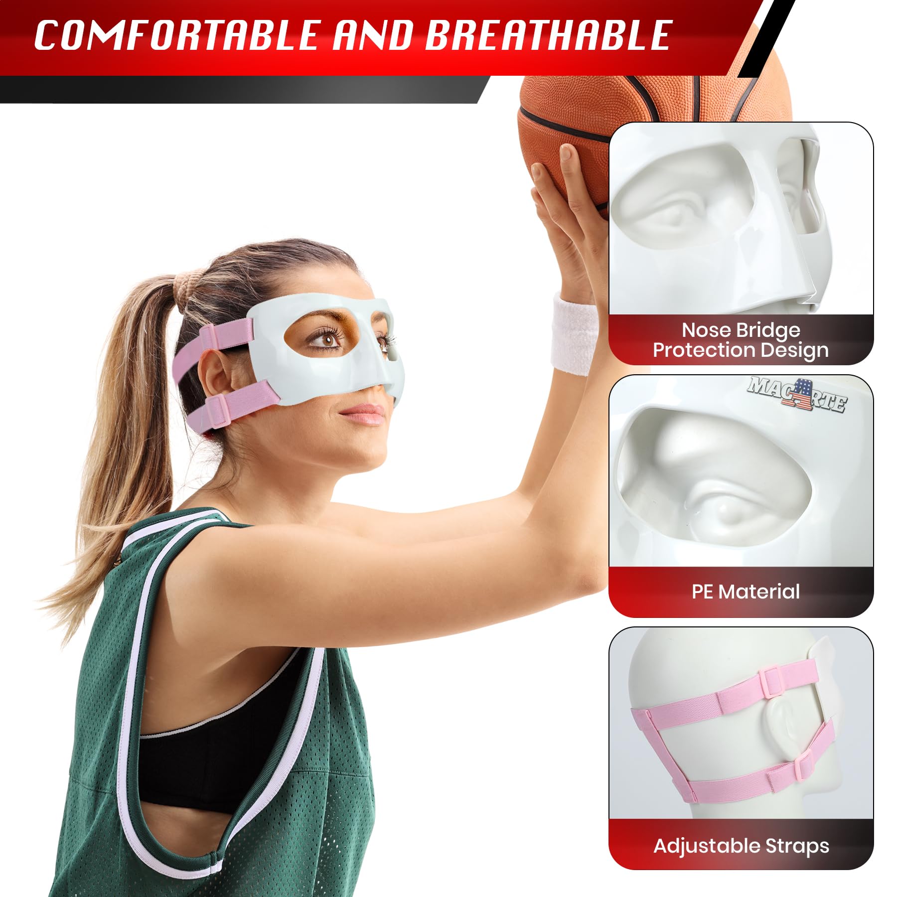 Macarte MC01B Nose Guard for Broken Nose Adults Adjustable Basketball Soccer Sports Face Shield Mask with Foam Padding Stickers and Pouch for Men Women Youths Teens (Pink)