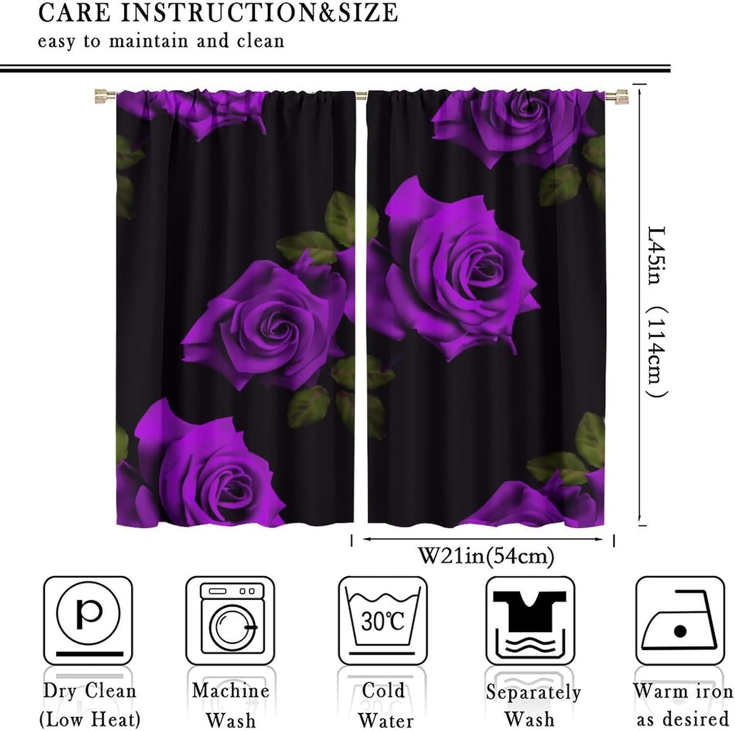 Black and Purple Curtains Rose Floral Flower Room Darkening Curtain with Rod Pocket for Bedroom Kitchen Home Decor Thermal Insulated Drapes Window Treatments 2 Panels Set 42x45 Inch