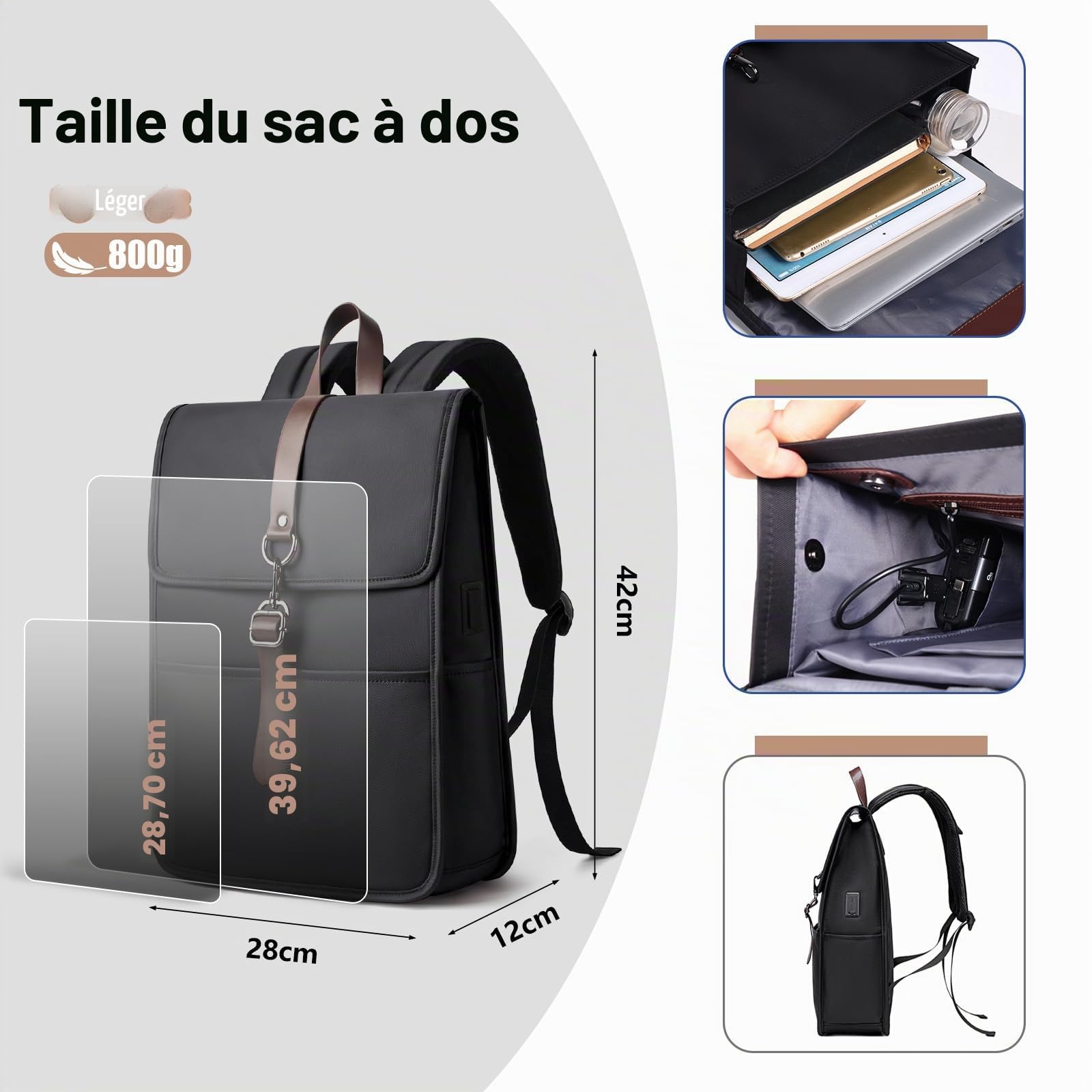 Sac à Dos Ordinateur 15.6 Pouces avec Port de Charge USB, Cartable Élégant pour le Travail, l'Université, les Cours, les Loisirs et les Affaires, pour Hommes et Femmes (14L) - Noir