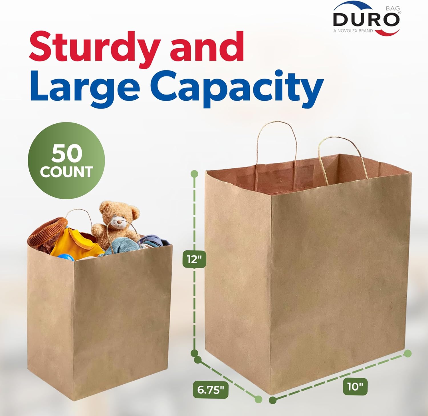 DURO 10x6.75x12 Brown Paper Gift Bags with Handles, Recycled Kraft Brown Paper Shopping Bags with Handles Bulk for Party Favors and DIY - Pack of 50